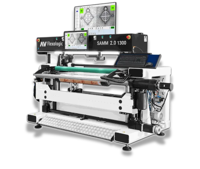 The SAMM 2.0 1300 automatic flexo plate mounter for wide-web printing, featuring an advanced control panel for high-precision mounting.