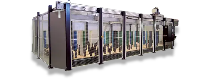 AV Flexologic's automated sleeve storage system for wide-web flexo printing. A robotic arm retrieves sleeves from a large, multi-level rack.