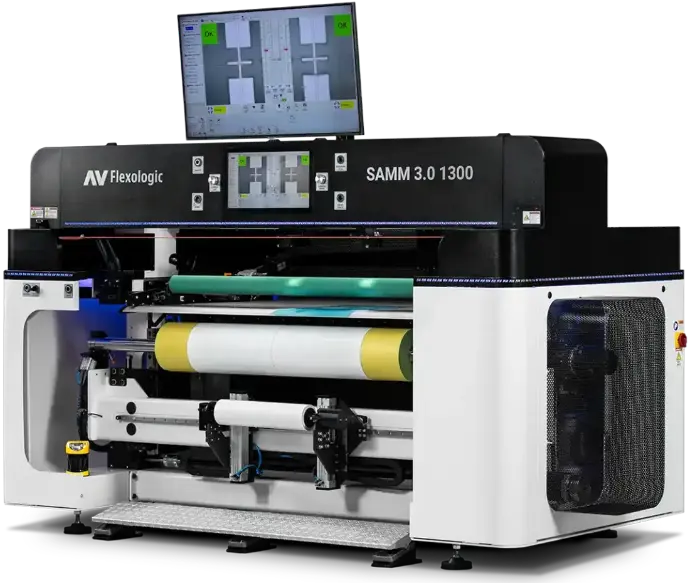 A studio product shot of the modern SAMM 3.0 1300 wide-web flexo plate mounter, designed for efficiency and precision in flexographic printing.